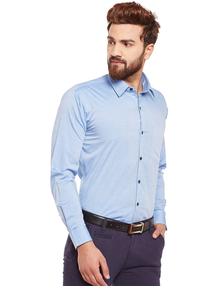 Men Sky Solid Chambray Pure Cotton Slim Fit Formal Shirt