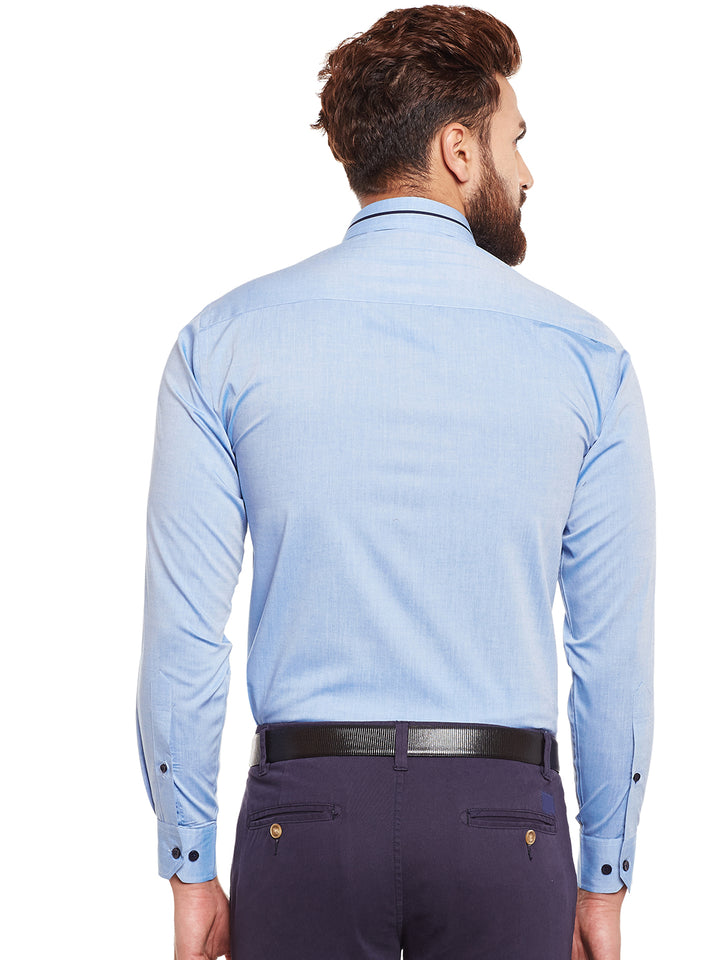 Men Sky Solid Chambray Pure Cotton Slim Fit Formal Shirt