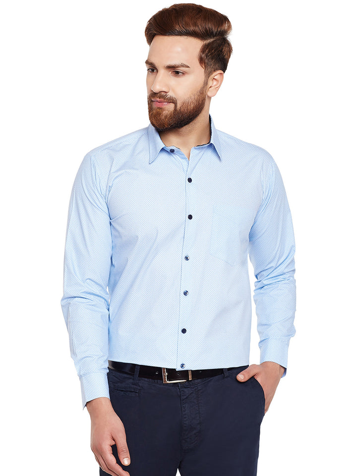 Men Sky Blue Printed Pure Cotton Slim Fit Formal Shirt