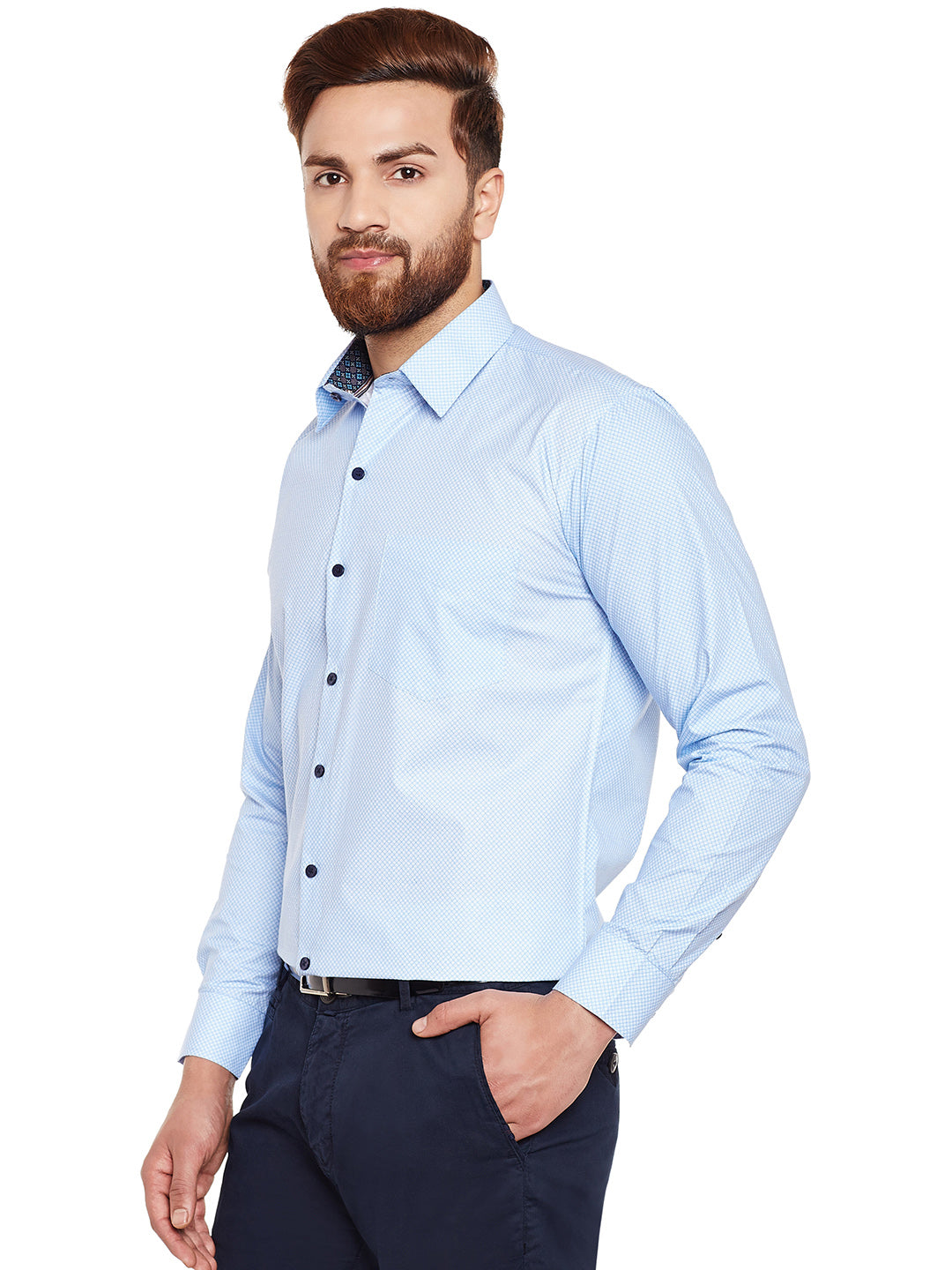Men Sky Blue Printed Pure Cotton Slim Fit Formal Shirt