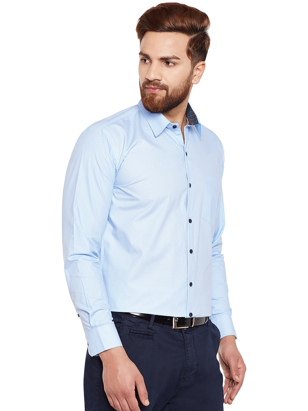 Men Sky Blue Printed Pure Cotton Slim Fit Formal Shirt
