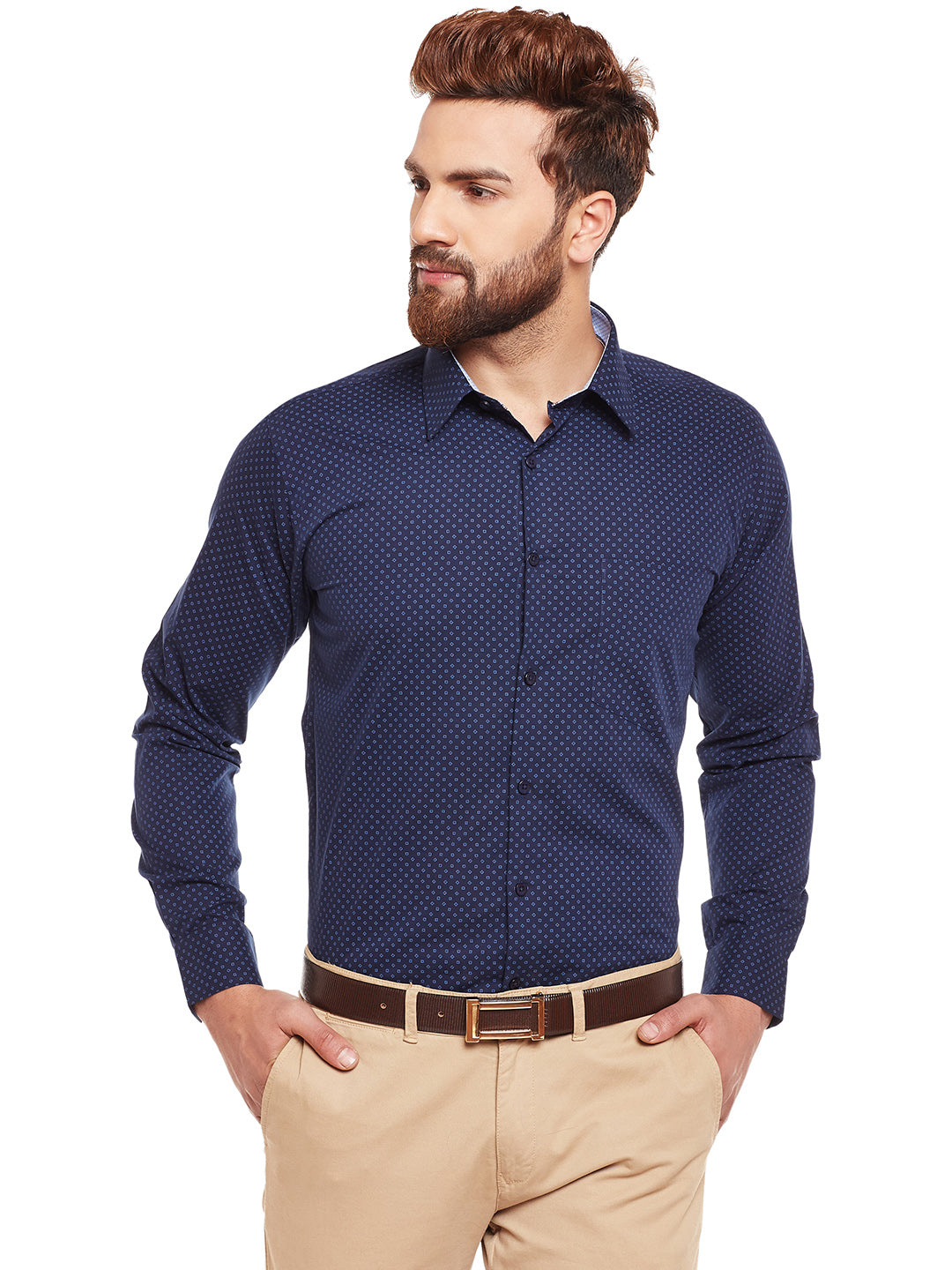 Men Navy Printed Pure Cotton Slim Fit Formal Shirt