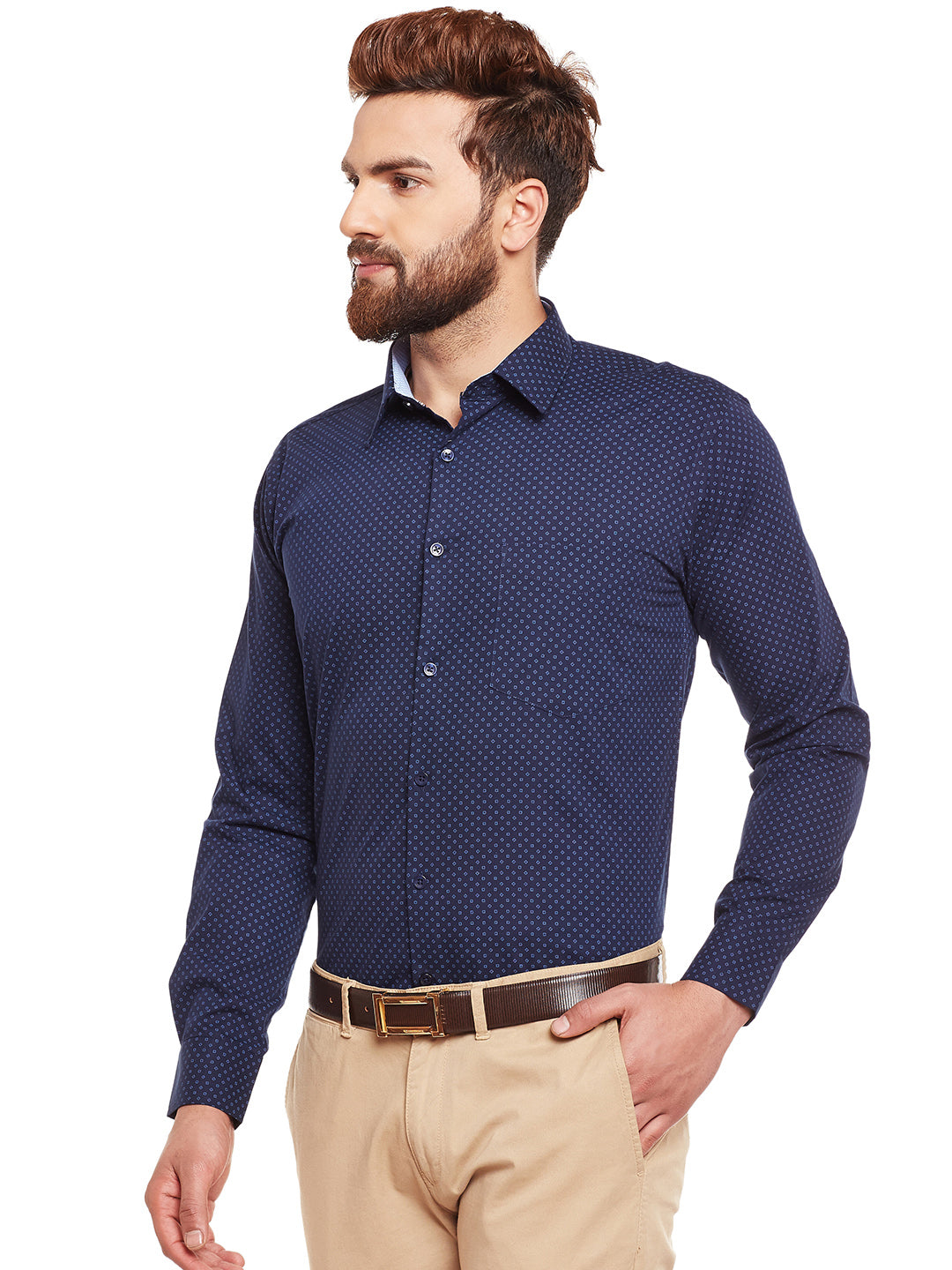 Men Navy Printed Pure Cotton Slim Fit Formal Shirt