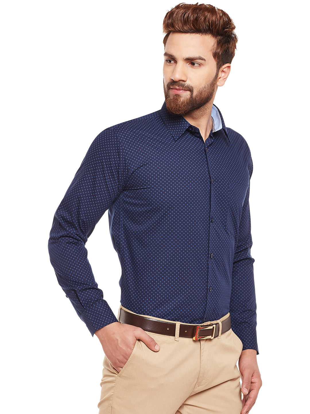 Men Navy Printed Pure Cotton Slim Fit Formal Shirt