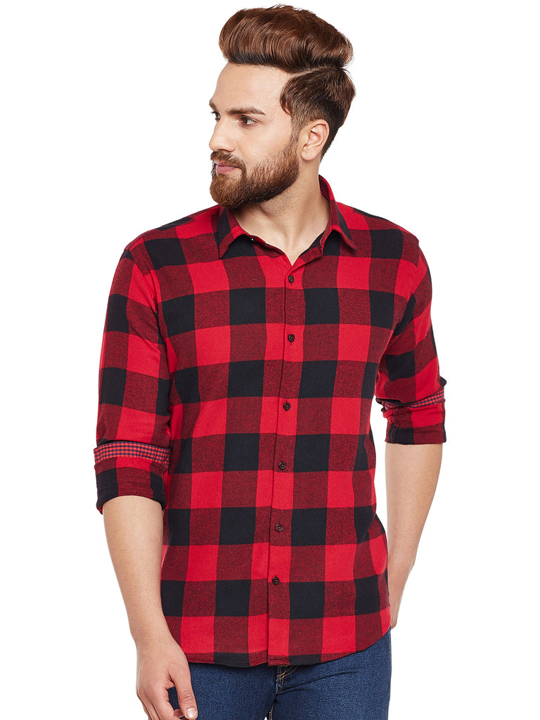 Hancock Men Red & Black Buffalo Checked Pure Cotton Slim Fit Casual Shirt Hancock Men Red & Black Buffalo Checked Pure Cotton Slim Fit Casual Shirt