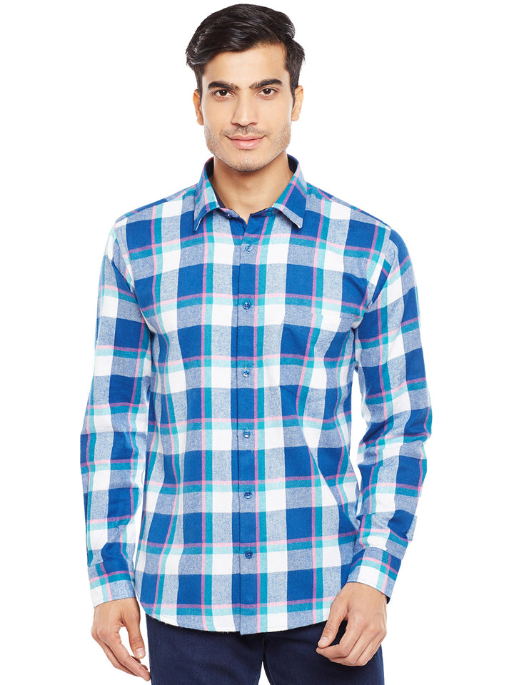 MenTurquoise Blue Checked Pure Cotton Slim Fit Casual Shirt