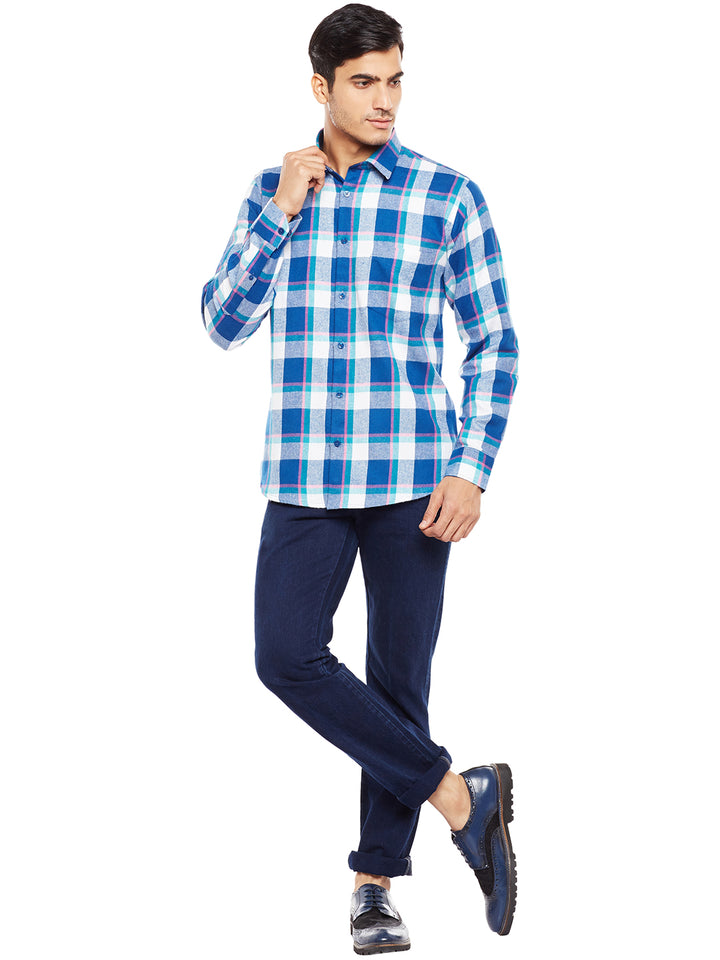MenTurquoise Blue Checked Pure Cotton Slim Fit Casual Shirt