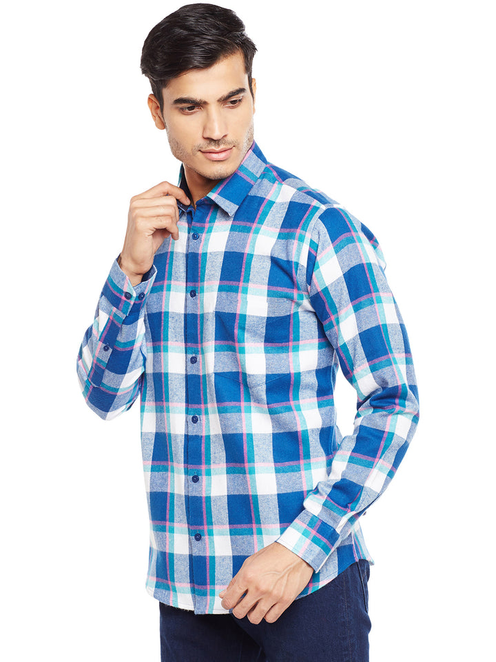 MenTurquoise Blue Checked Pure Cotton Slim Fit Casual Shirt