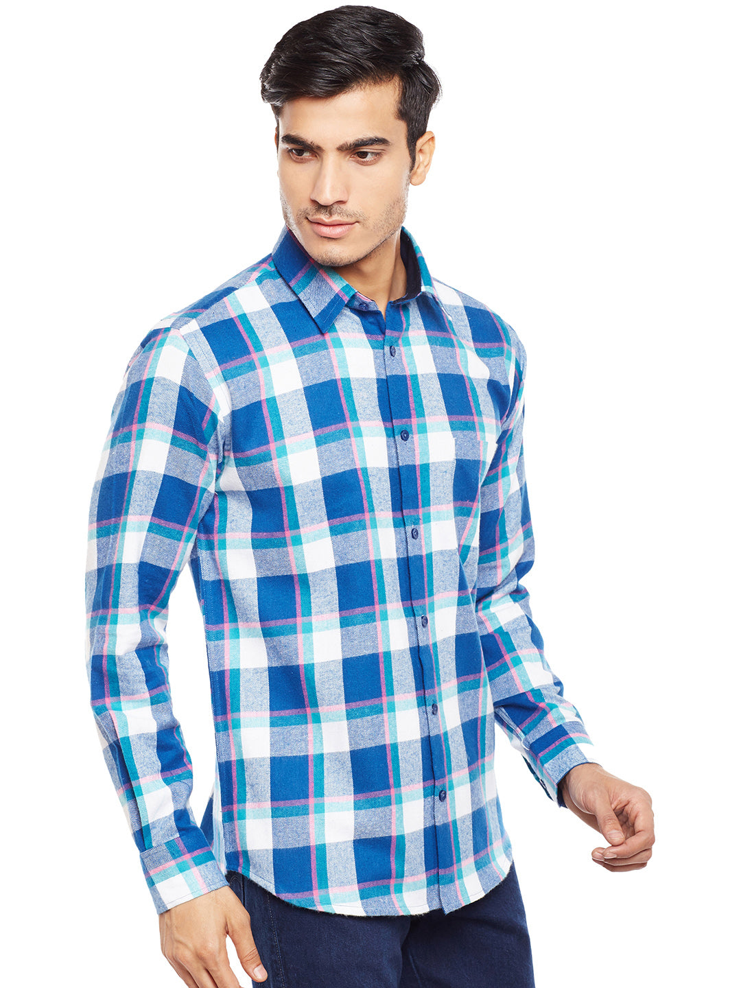 MenTurquoise Blue Checked Pure Cotton Slim Fit Casual Shirt