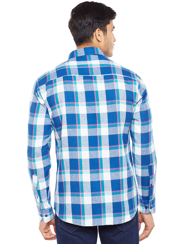 MenTurquoise Blue Checked Pure Cotton Slim Fit Casual Shirt