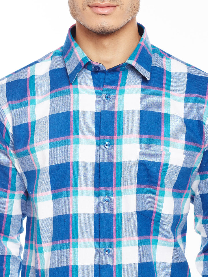 MenTurquoise Blue Checked Pure Cotton Slim Fit Casual Shirt
