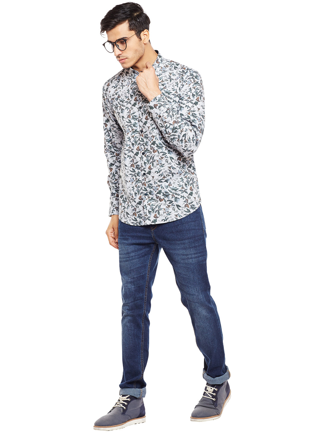 Men Grey Printed Pure Cotton Slim Fit Casual Shirt