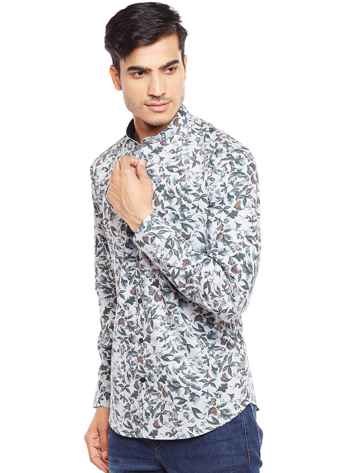 Men Grey Printed Pure Cotton Slim Fit Casual Shirt