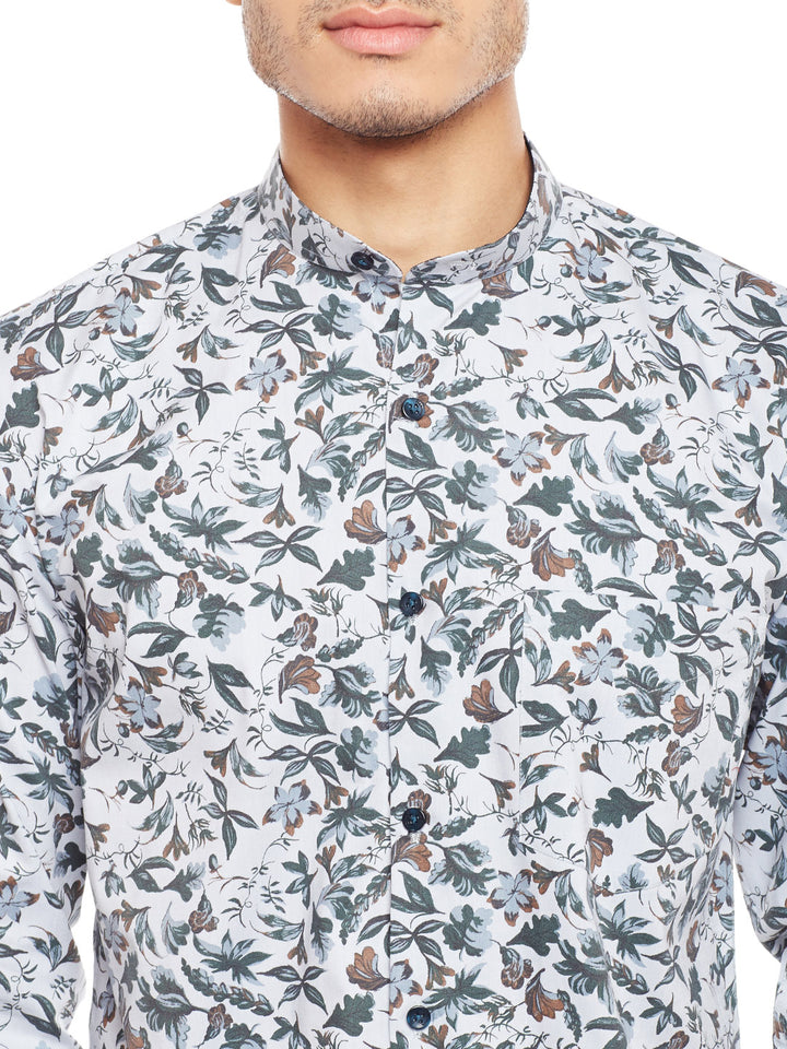Men Grey Printed Pure Cotton Slim Fit Casual Shirt