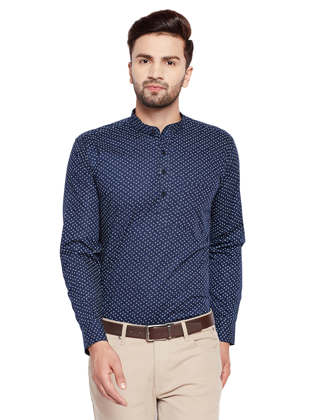 Men Navy Blue Printed Slim Fit Pure Cotton Formal Shirt