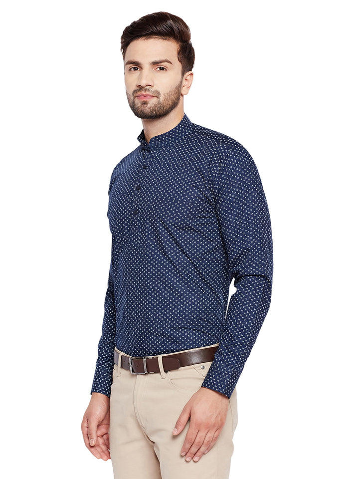 Men Navy Blue Printed Slim Fit Pure Cotton Formal Shirt