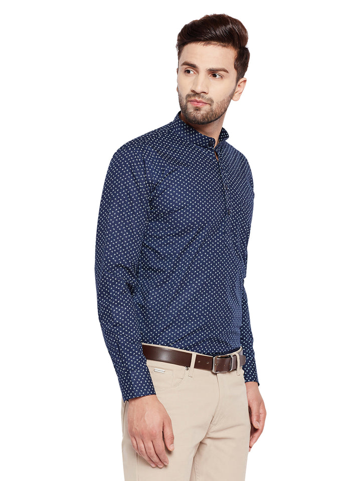 Men Navy Blue Printed Slim Fit Pure Cotton Formal Shirt