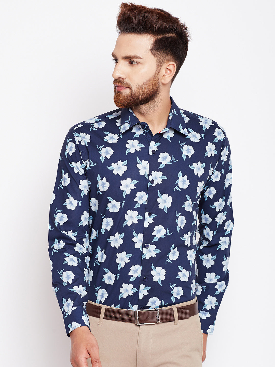 Men Navy Printed Pure Cotton Slim Fit Formal Shirt