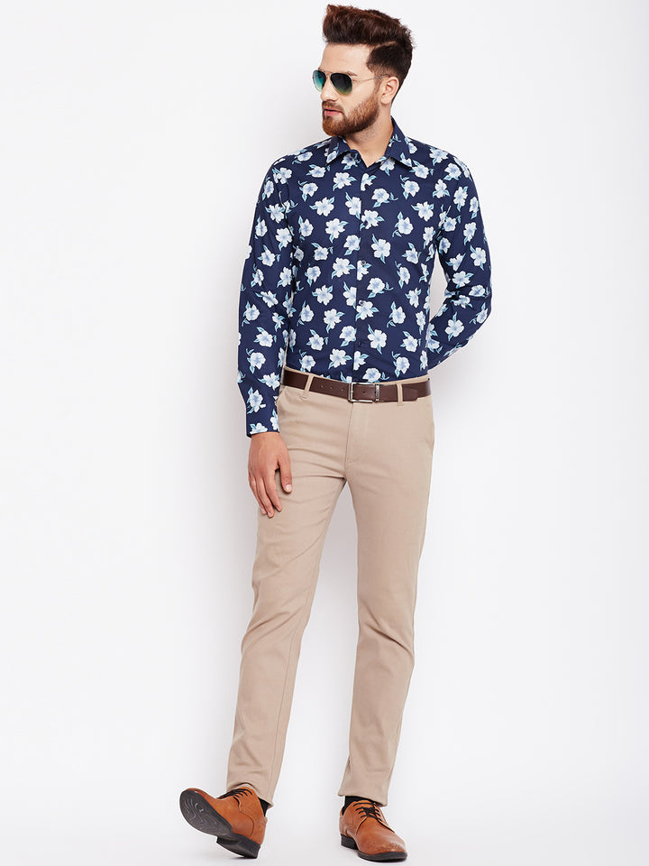 Men Navy Printed Pure Cotton Slim Fit Formal Shirt