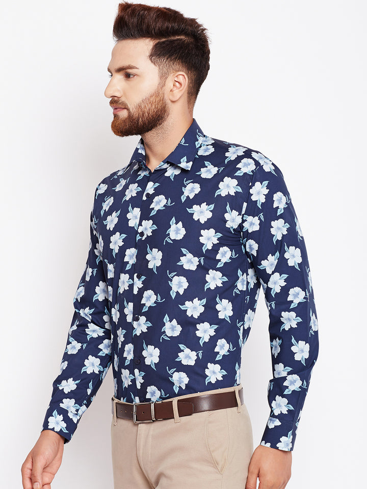 Men Navy Printed Pure Cotton Slim Fit Formal Shirt