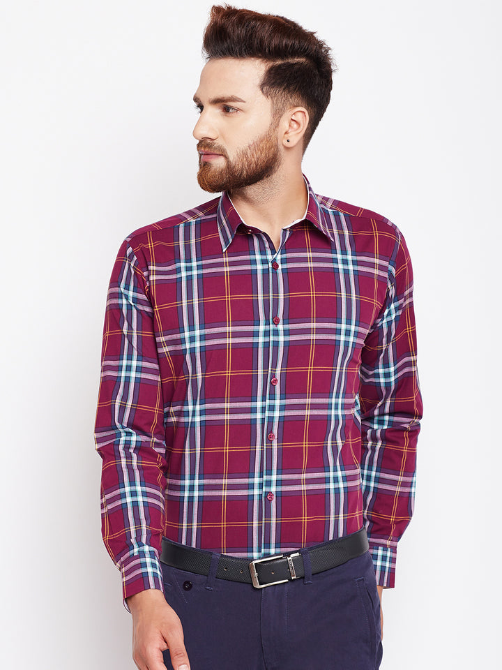 Men Wine Checked Pure Cotton Slim Fit Formal Shirt