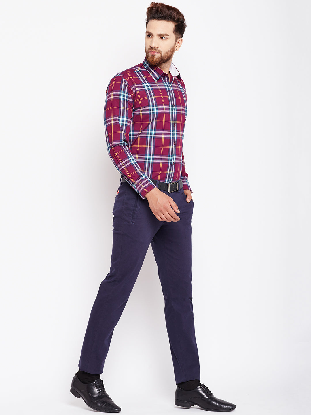 Men Wine Checked Pure Cotton Slim Fit Formal Shirt