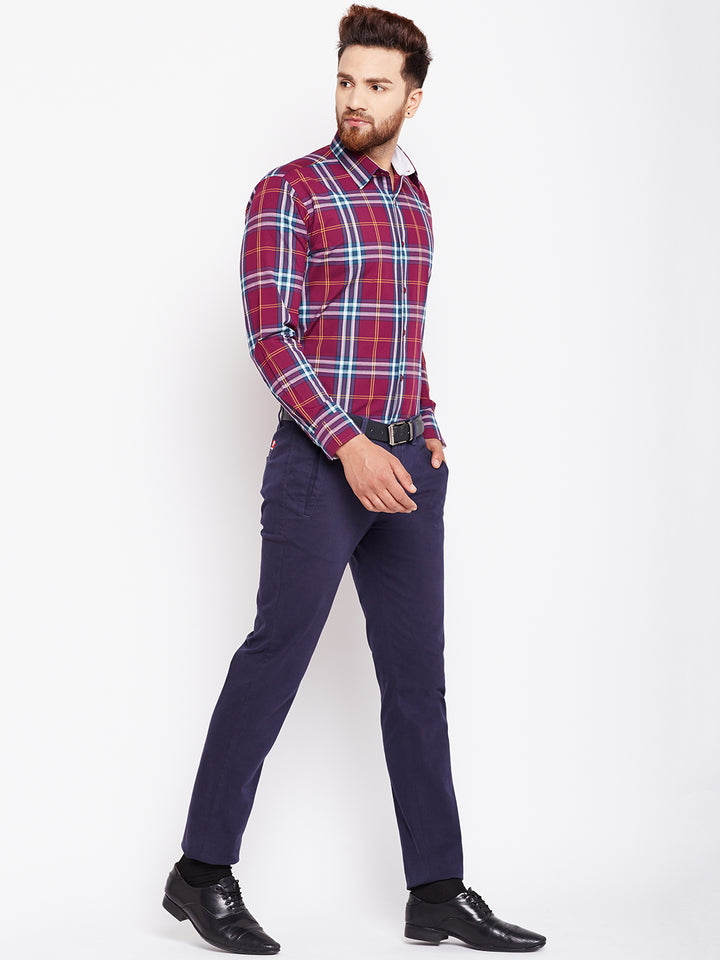 Men Wine Checked Pure Cotton Slim Fit Formal Shirt