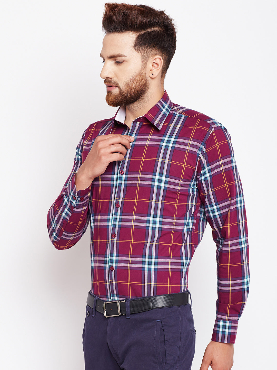 Men Wine Checked Pure Cotton Slim Fit Formal Shirt