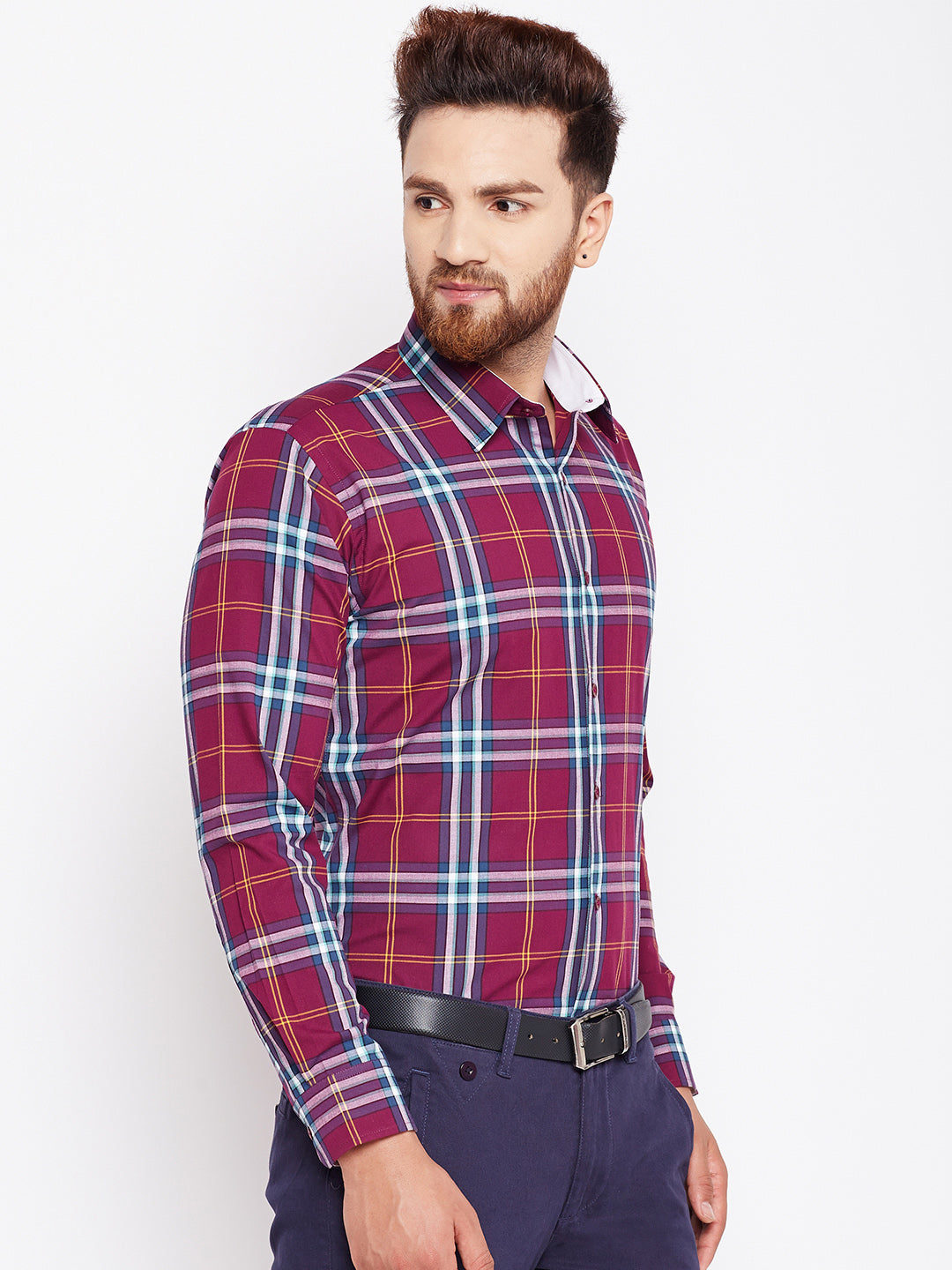 Men Wine Checked Pure Cotton Slim Fit Formal Shirt