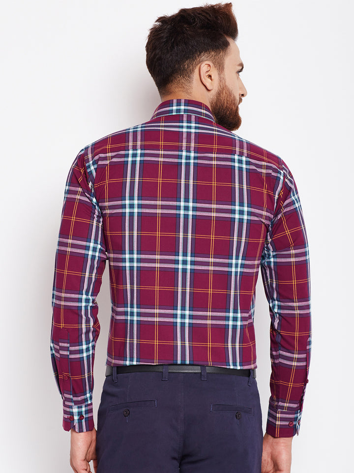 Men Wine Checked Pure Cotton Slim Fit Formal Shirt