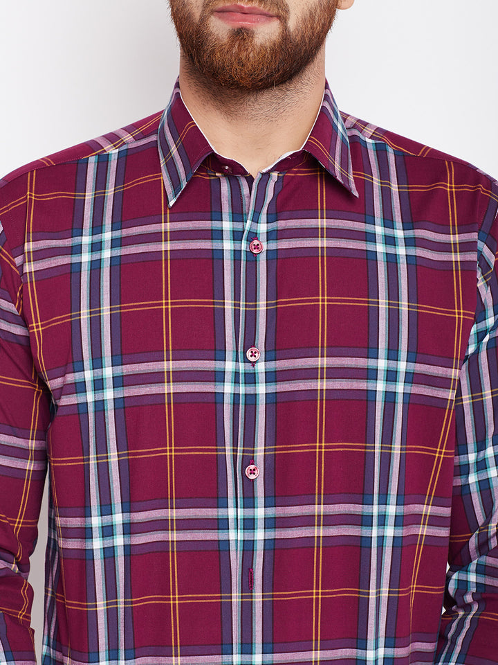 Men Wine Checked Pure Cotton Slim Fit Formal Shirt