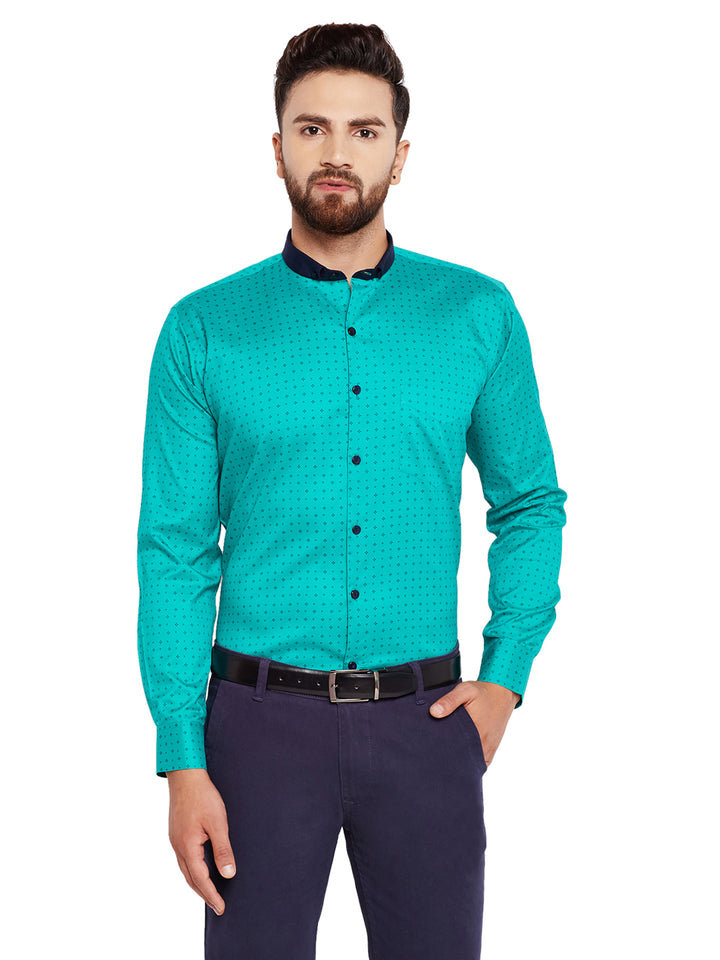 Men Green Printed Slim Fit Pure Cotton Formal Shirt