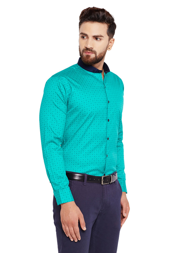 Men Green Printed Slim Fit Pure Cotton Formal Shirt