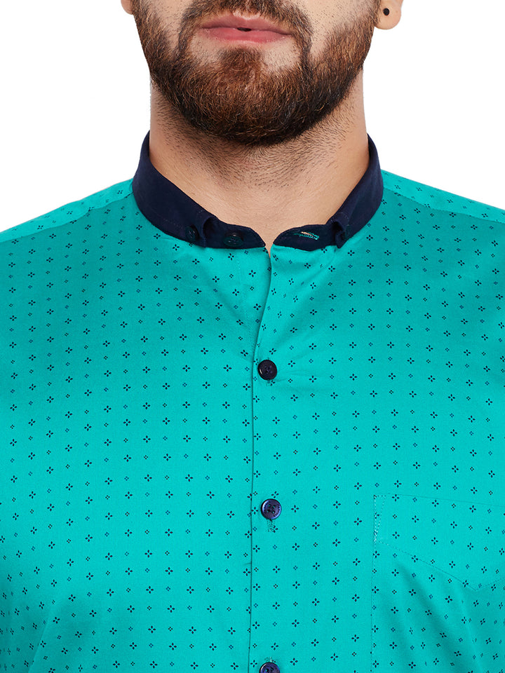 Men Green Printed Slim Fit Pure Cotton Formal Shirt