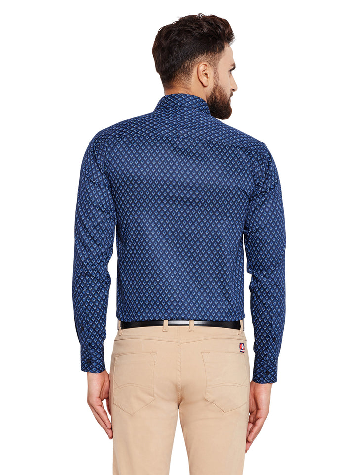 Men Navy Blue Printed Slim Fit Pure Cotton Formal Shirt