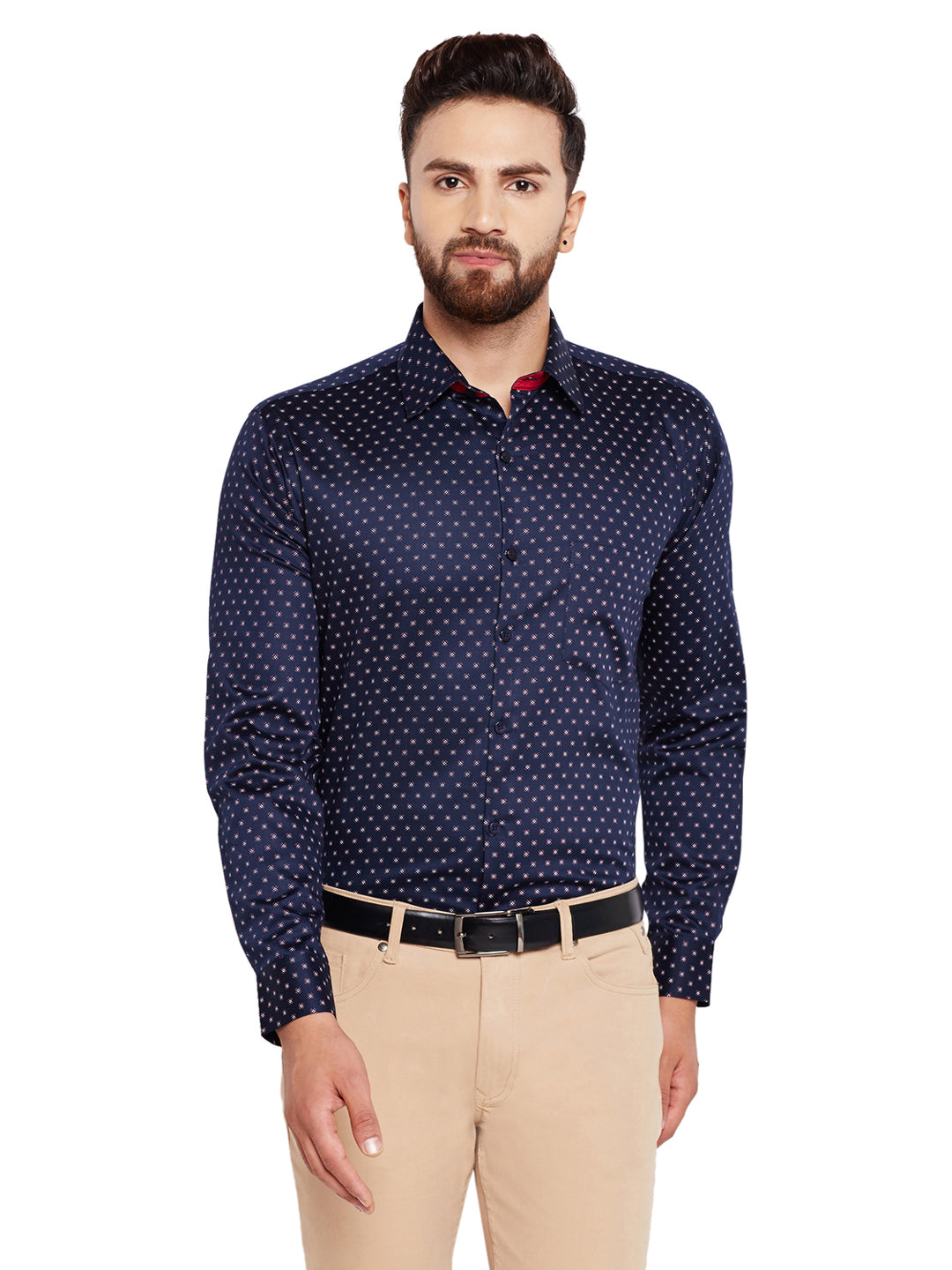 Men Navy Blue Printed Slim Fit Pure Cotton Formal Shirt