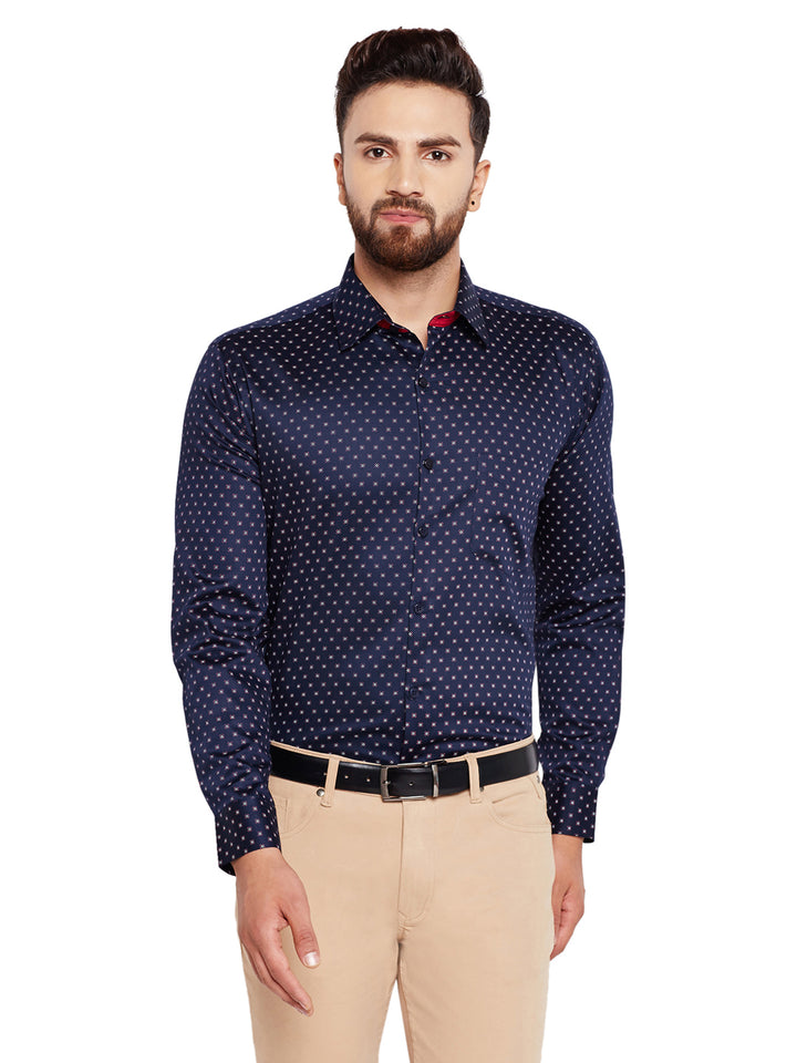 Men Navy Blue Printed Slim Fit Pure Cotton Formal Shirt