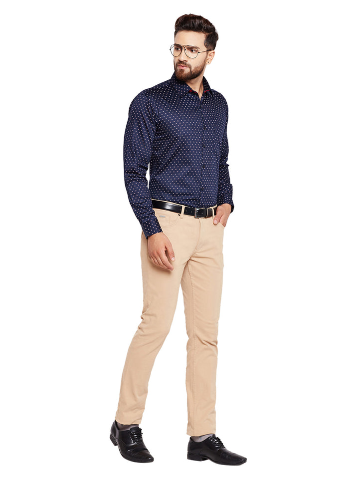 Men Navy Blue Printed Slim Fit Pure Cotton Formal Shirt