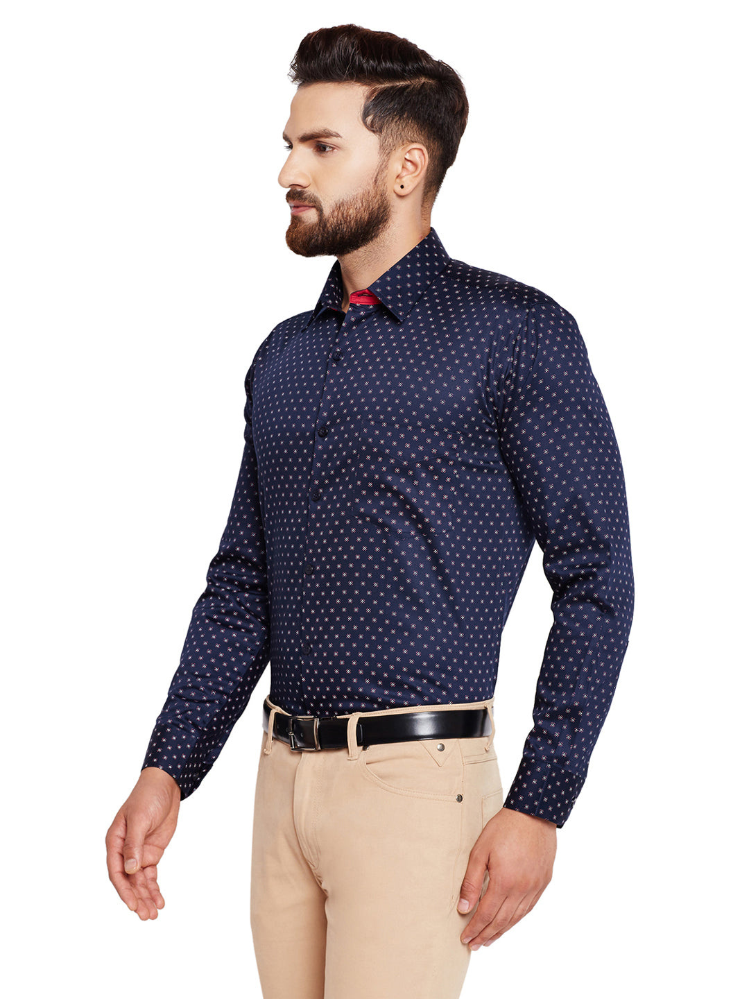 Men Navy Blue Printed Slim Fit Pure Cotton Formal Shirt