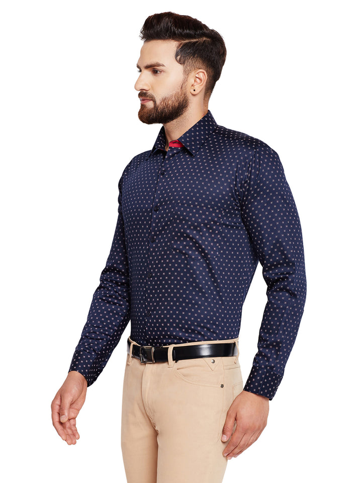 Men Navy Blue Printed Slim Fit Pure Cotton Formal Shirt