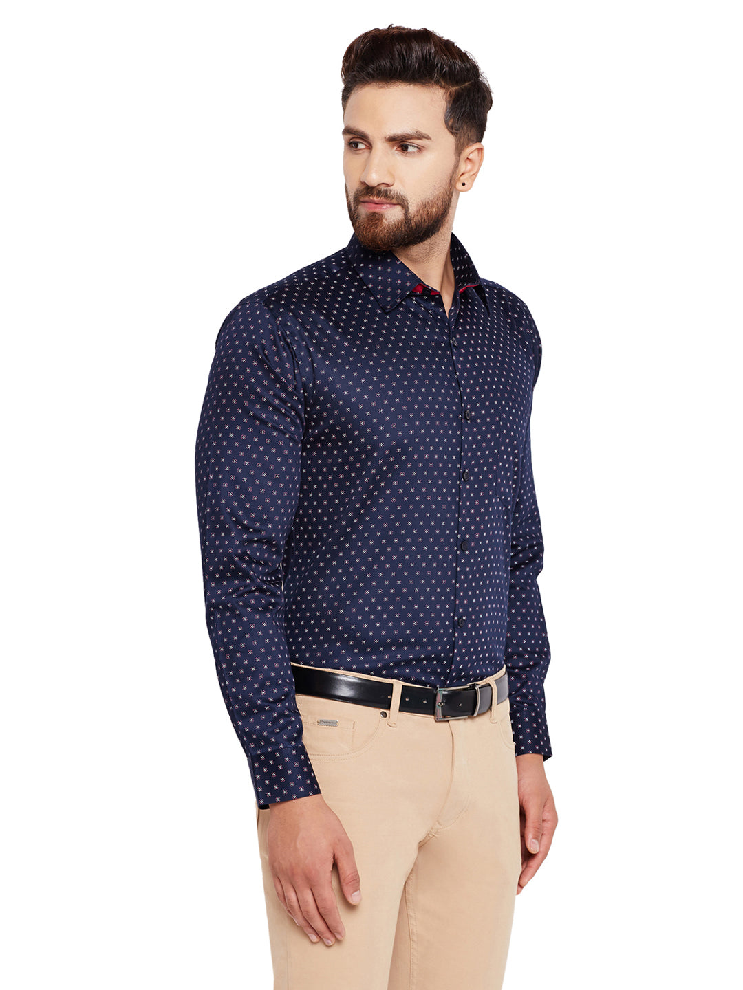 Men Navy Blue Printed Slim Fit Pure Cotton Formal Shirt