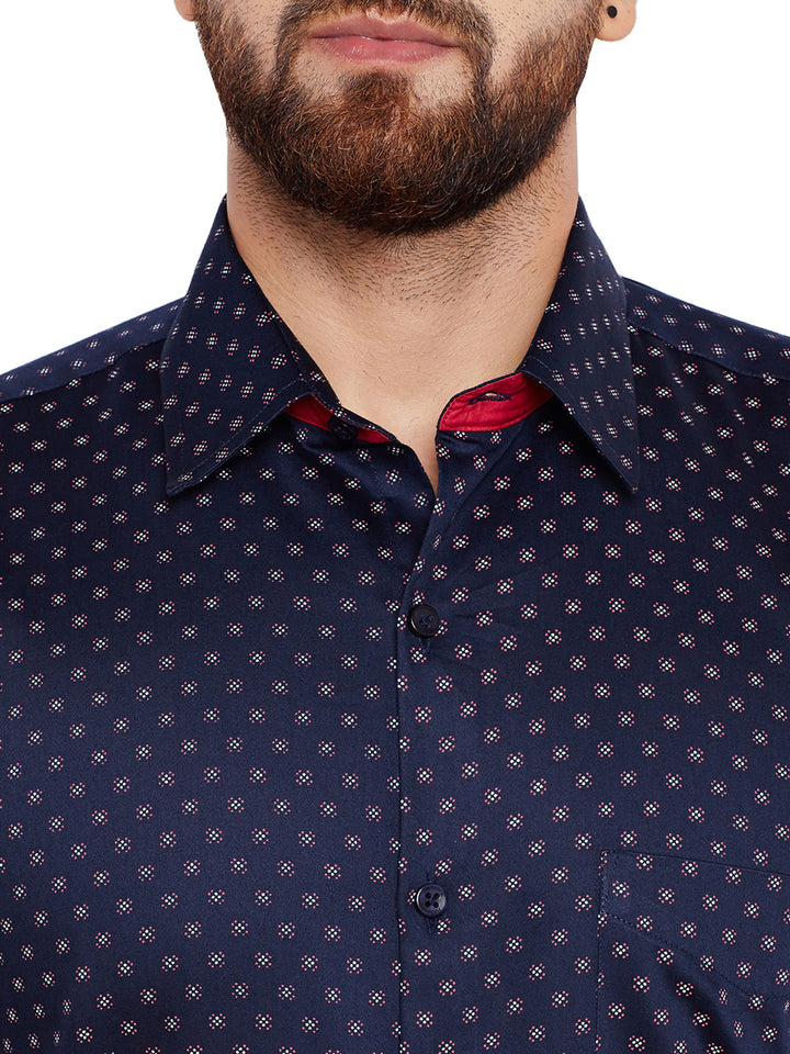 Men Navy Blue Printed Slim Fit Pure Cotton Formal Shirt