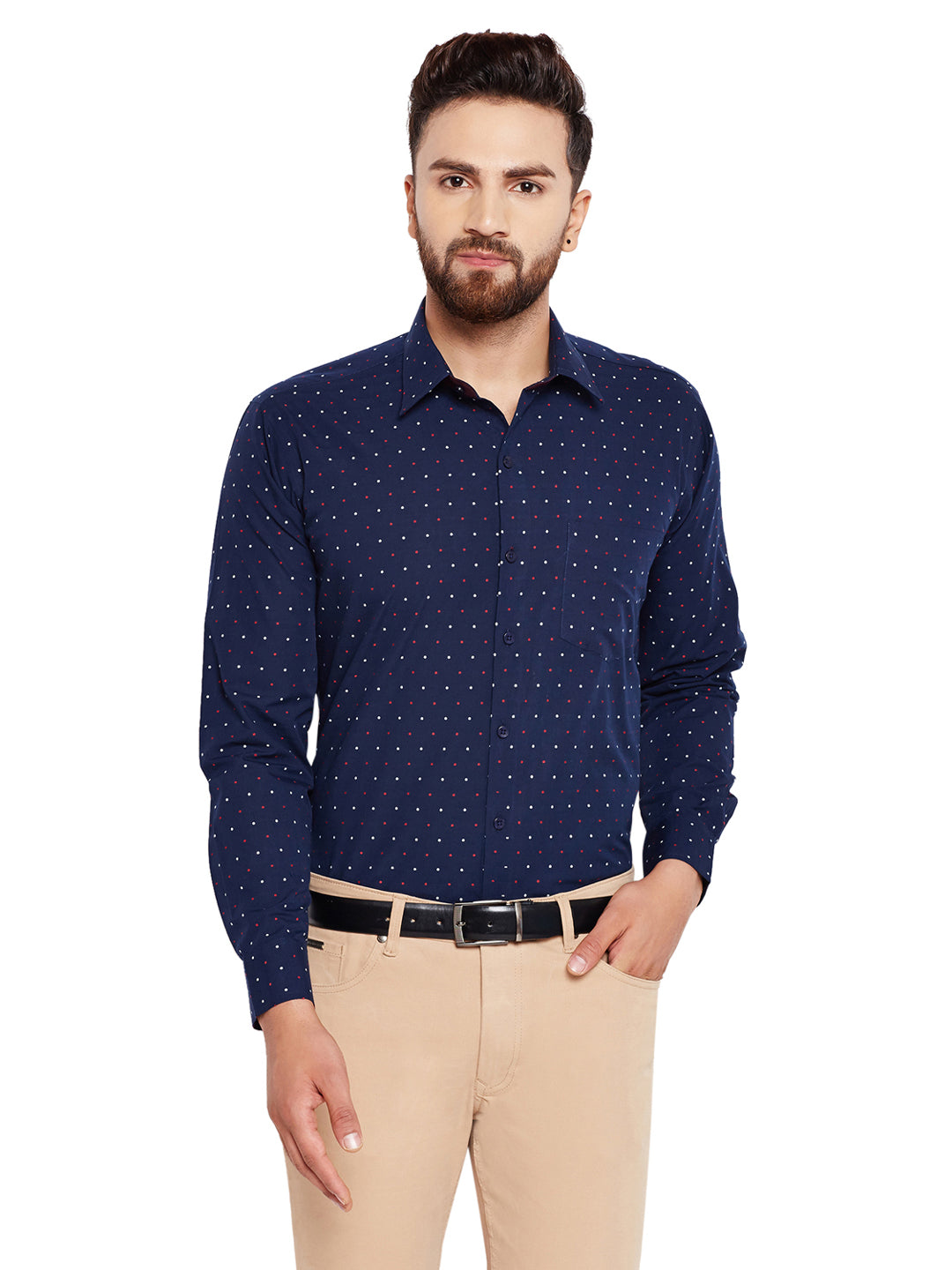 Men Navy Blue Dotted Print Slim Fit Pure Cotton Formal Shirt