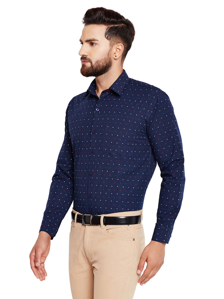 Men Navy Blue Dotted Print Slim Fit Pure Cotton Formal Shirt