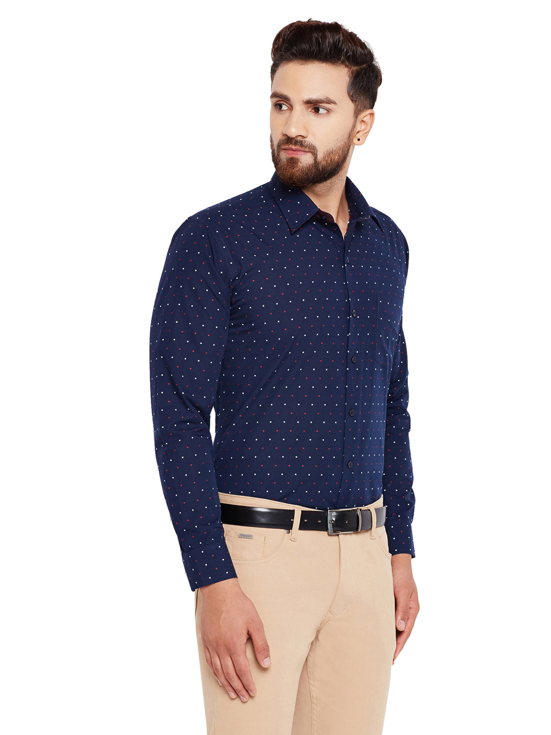 Men Navy Blue Dotted Print Slim Fit Pure Cotton Formal Shirt