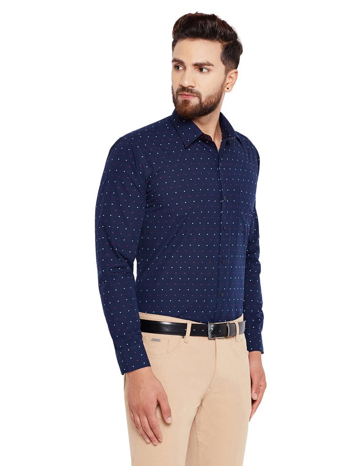 Men Navy Blue Dotted Print Slim Fit Pure Cotton Formal Shirt