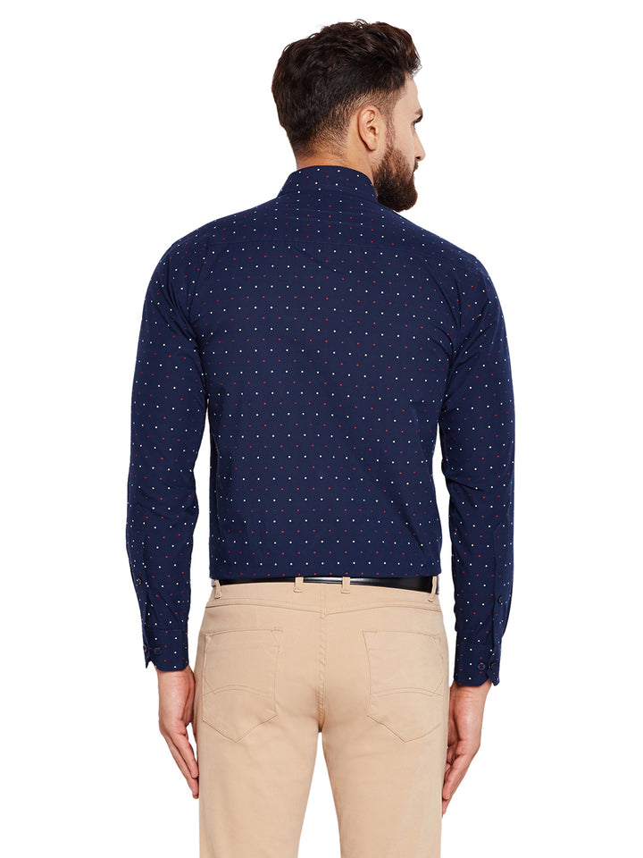 Men Navy Blue Dotted Print Slim Fit Pure Cotton Formal Shirt