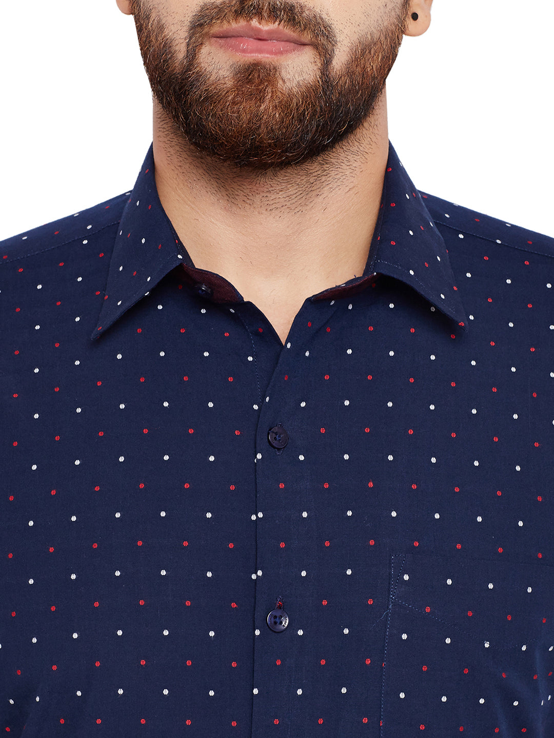 Men Navy Blue Dotted Print Slim Fit Pure Cotton Formal Shirt