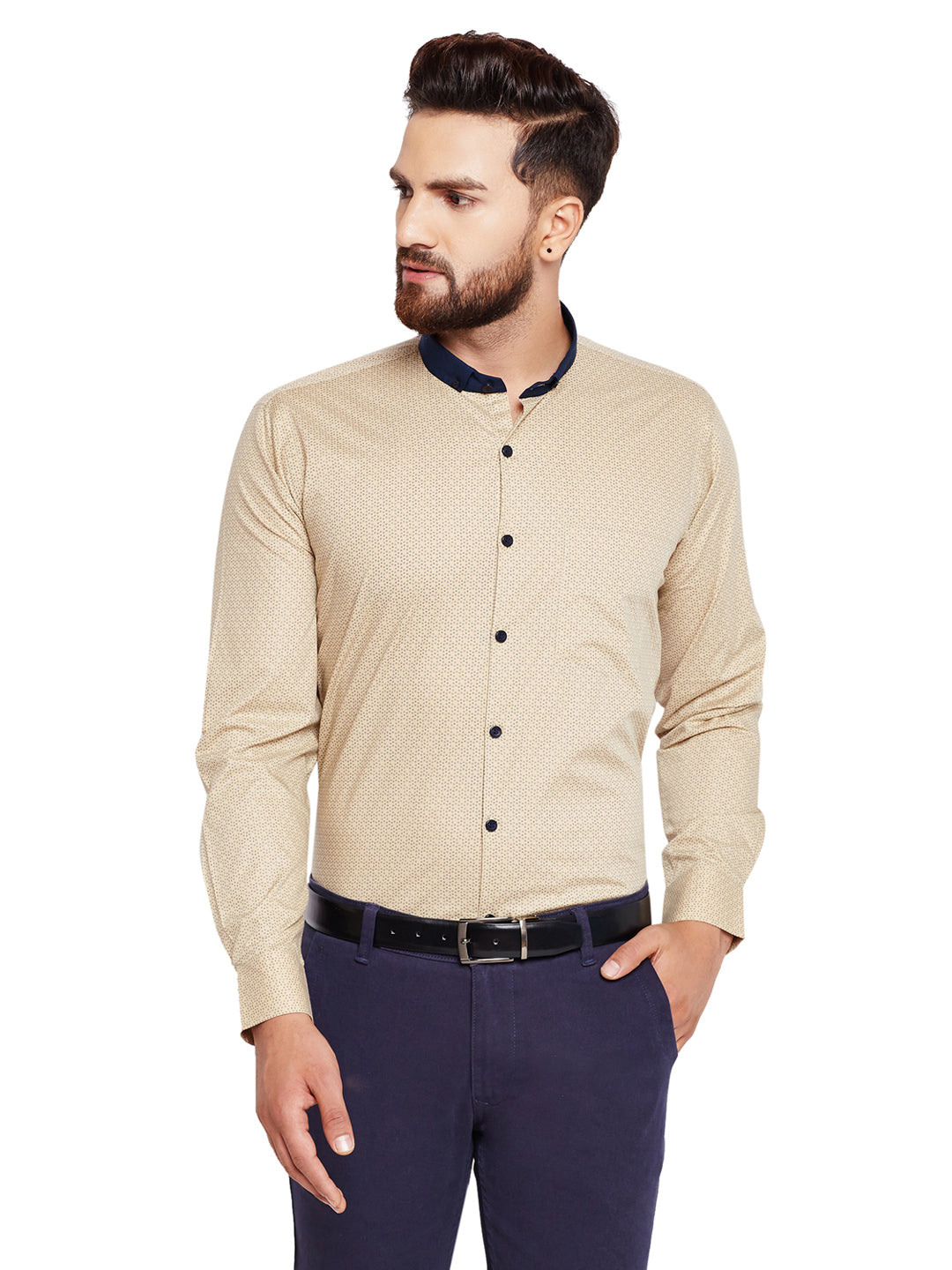 Men Beige Printed Slim Fit Pure Cotton Formal Shirt