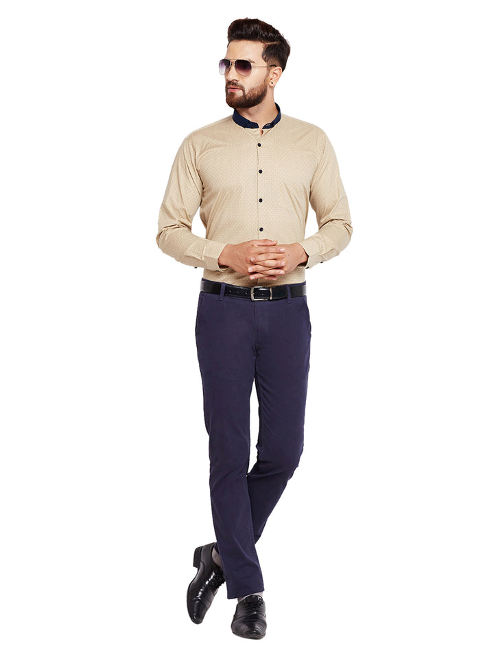 Men Beige Printed Slim Fit Pure Cotton Formal Shirt